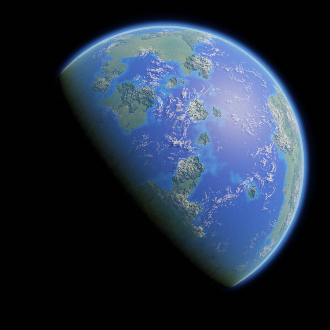 A planet seen from orbit, with blue oceans and green continents