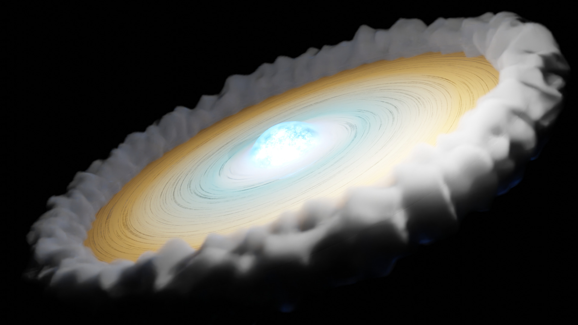 A glowing blue star surrounded by a disk and a ring of clouds